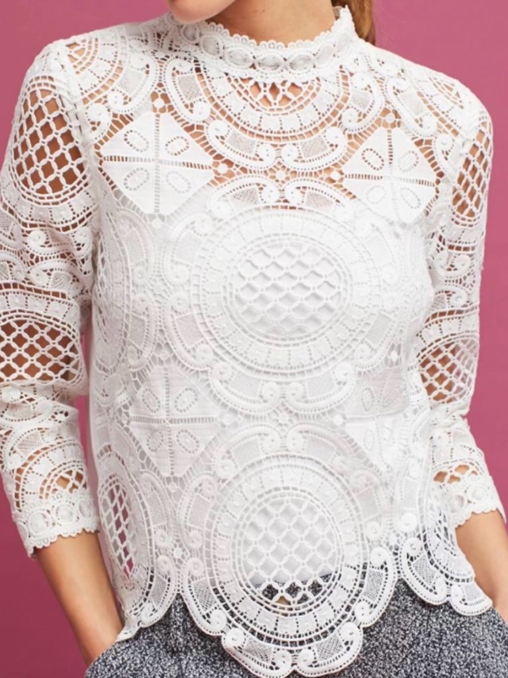 Anthropologie James Coviello Laced Medallion Mock Neck Crochet Blouse White PS